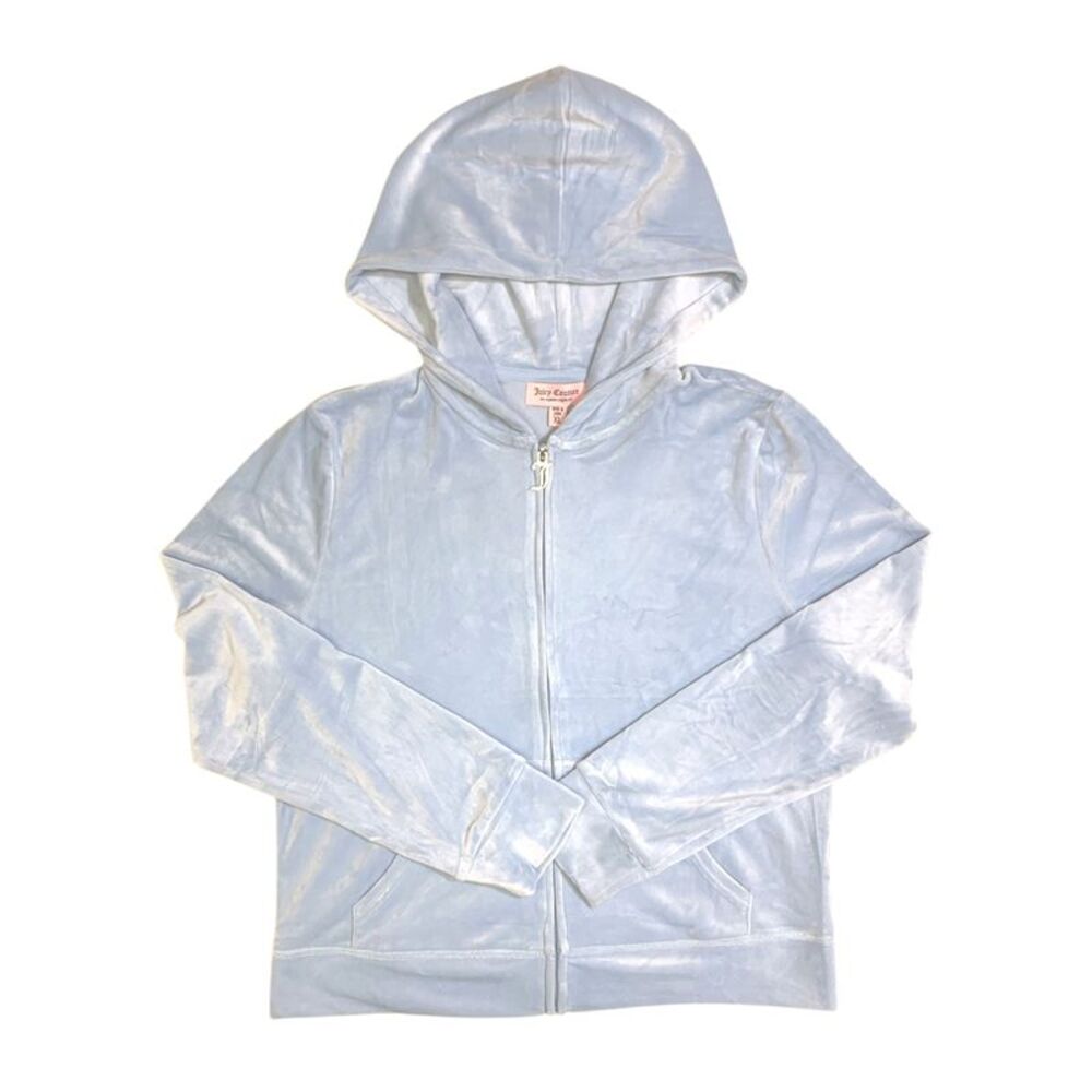 Light Blue - Juicy Couture Velour Jacket, Full Zip, Hooded with Rear Rhinestone